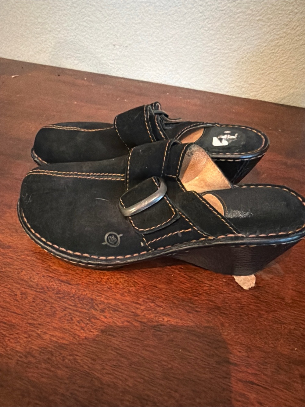 Born Women’s Black Suede Wedge Sandals with Buckle